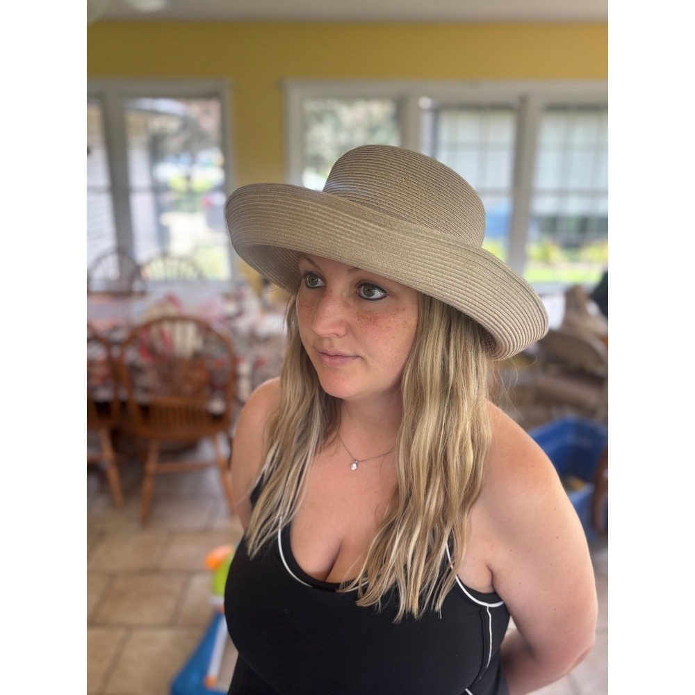 Eric Javits Squishee Packable Straw Sun Hat Tan Beige Wide Brim Bow Accent Women - Picture 6 of 10